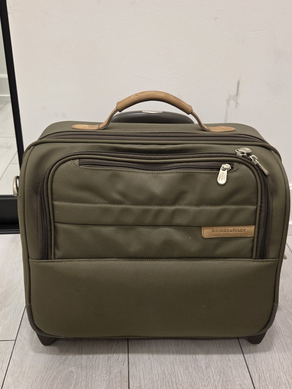 Briggs & Riley Olive Green Rolling Brief with Tan Leather Trim